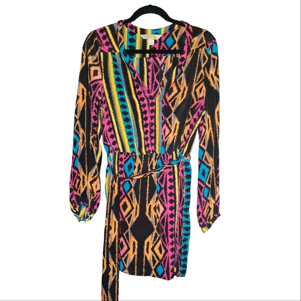 Silk Ikat Print Dress -  Large - fuschia yellow